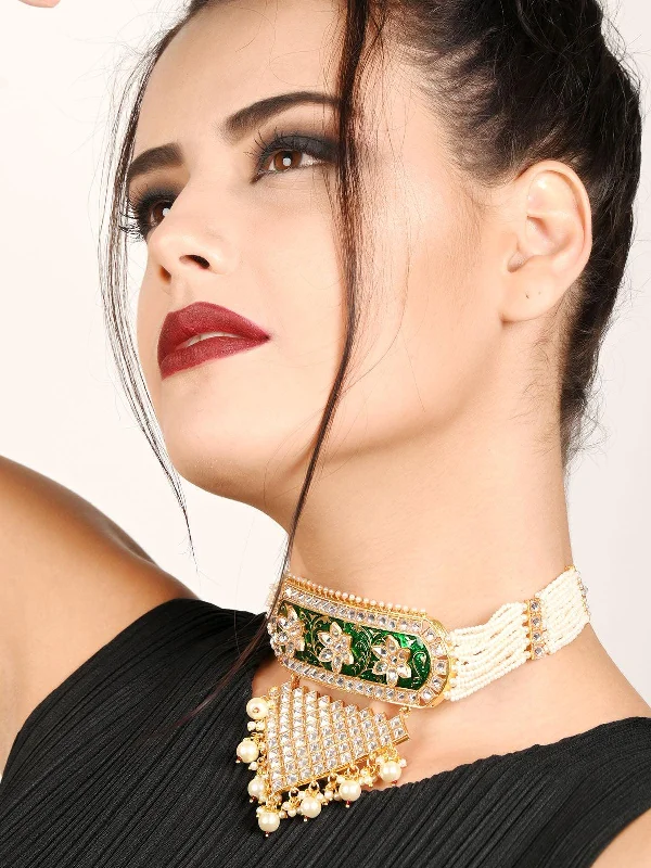 High-End Jewelry, Now More Affordable Than Ever Odette Women White And Dark Green Kundan Style Choker Necklace Set