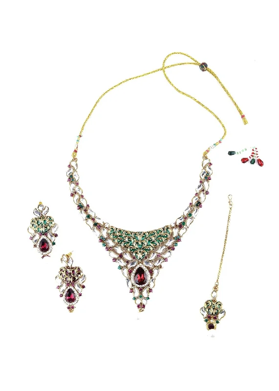 Shop High-Quality Jewelry At Jaw-Dropping Discounts Odette Women White, Green And Purple Kundan Choker Necklace Set