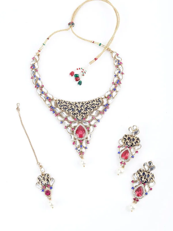 Affordable Glamour – Premium Jewelry For Less Odette Women White, Magenta And Indigo Kundan Choker Set