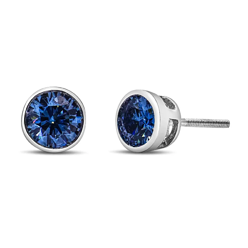 Premium Jewelry Now Available At Special Discounts 14K White Gold 1.0 Cttw Blue Lab Grown Diamond Screw-Back Classic Bezel Solitaire Stud Earrings