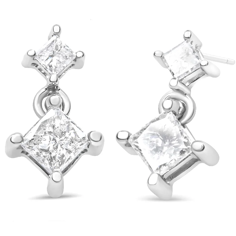 Exclusive Jewelry Offers – Shine For Less 14K White Gold 1.0 Cttw Princess-Cut Double Diamond Drop Stud Earrings  for Women