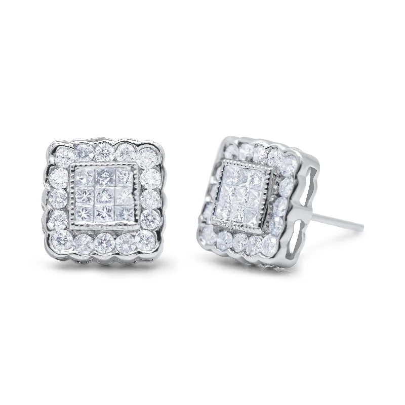 Personalized Jewelry Sale – Meaningful Gifts At Great Prices 14K White Gold 1.0 Cttw Round Brilliant & Princess Cut Diamond Scallop-Edge Framed Square Halo Stud Earrings
