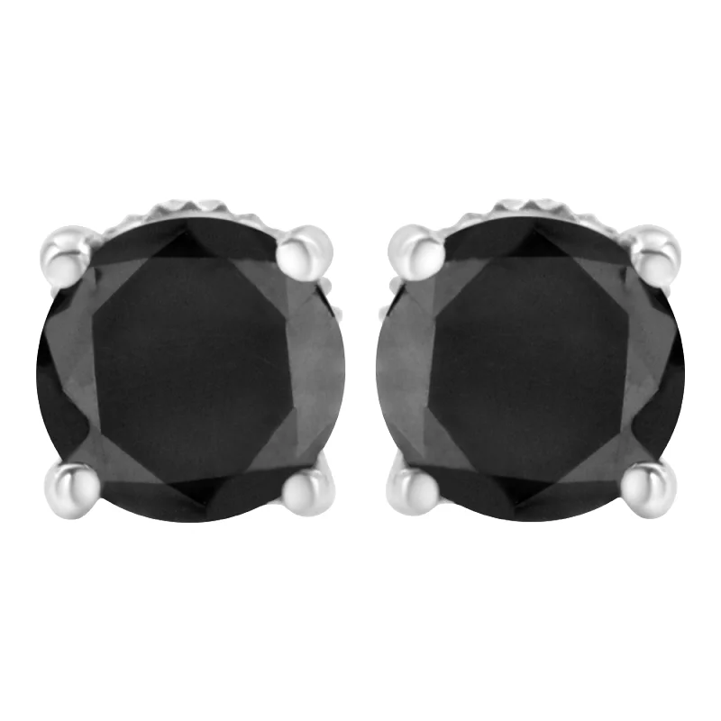 Exclusive Jewelry Sale – Shine For Less 14K White Gold Round Brilliant-Cut Black Diamond Classic 4-Prong Stud Earrings with Screw Backs