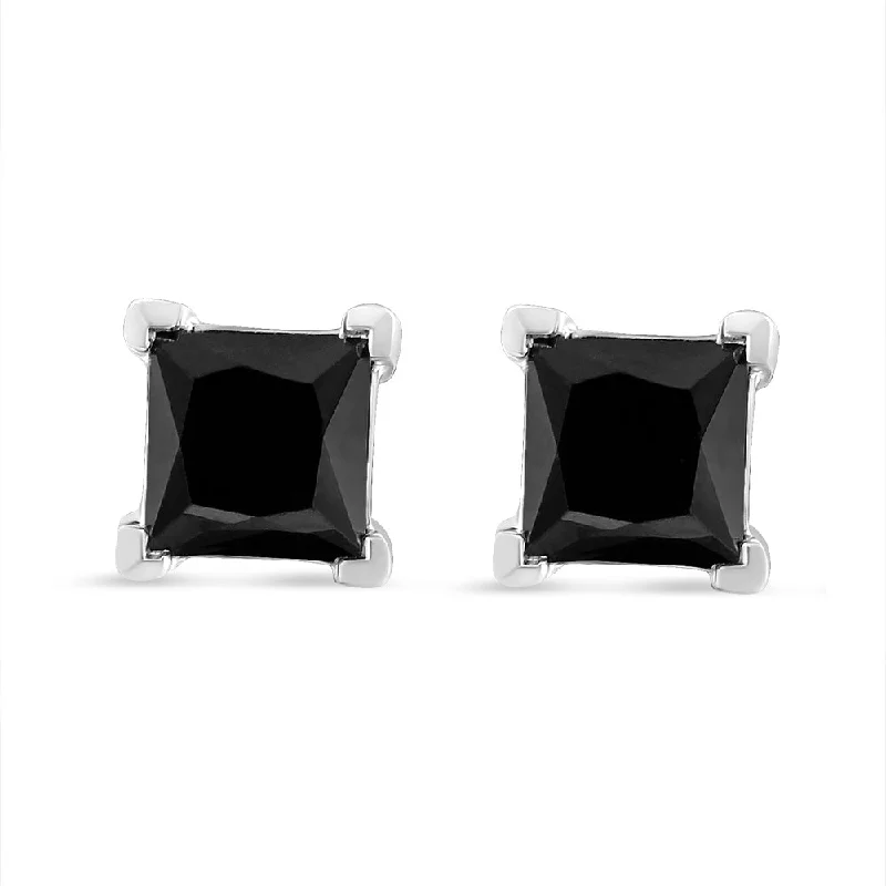 Affordable Luxury Jewelry For Every Occasion .925 Sterling Silver Princess-Cut Square Black Diamond Classic 4-Prong Stud Earrings with Screw Backs