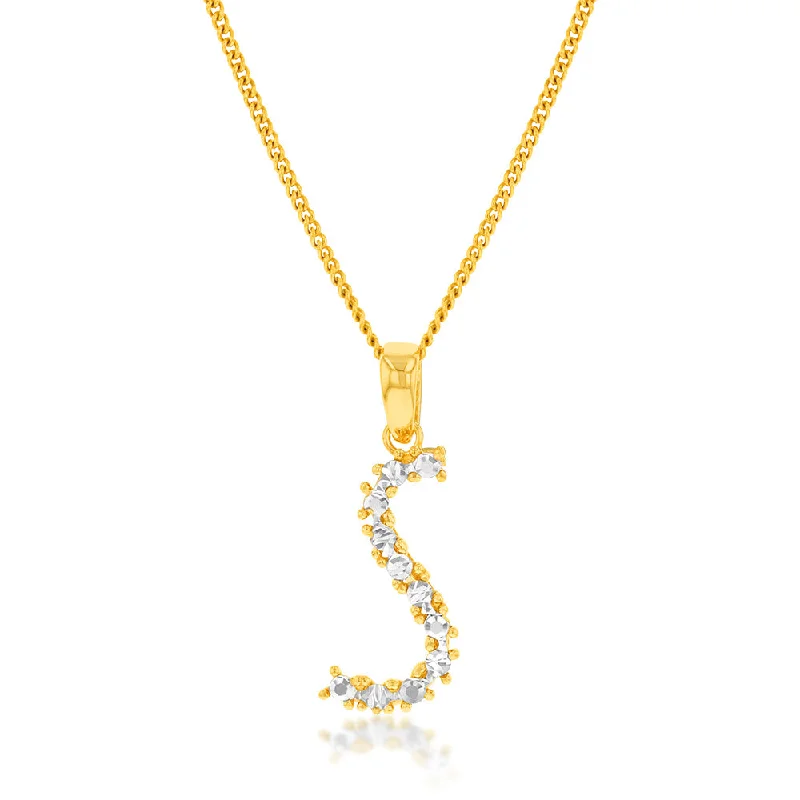 Elegant Jewelry, Exclusive Prices – Shop Now 9ct Yellow And White Gold Two Tone Diamond Cut Initial "S" Pendant