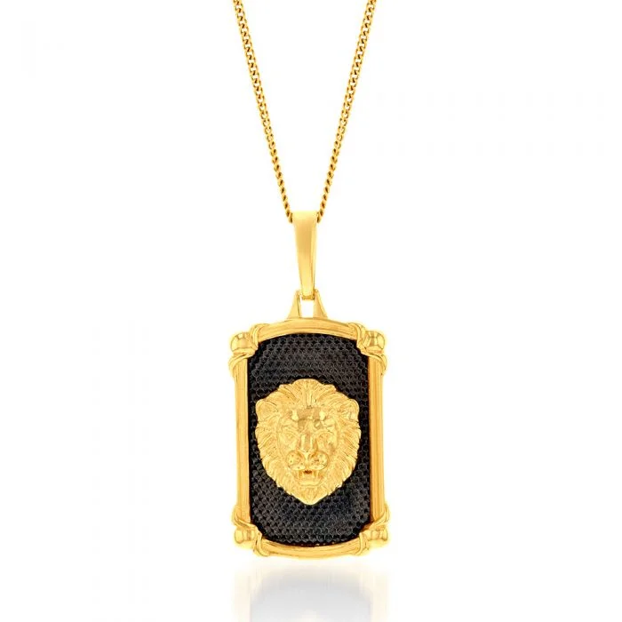 Limited-Time Offer On Elegant Jewelry Pieces 9ct Yellow Gold Lion Head On Black Rectangle Medallion Pendant