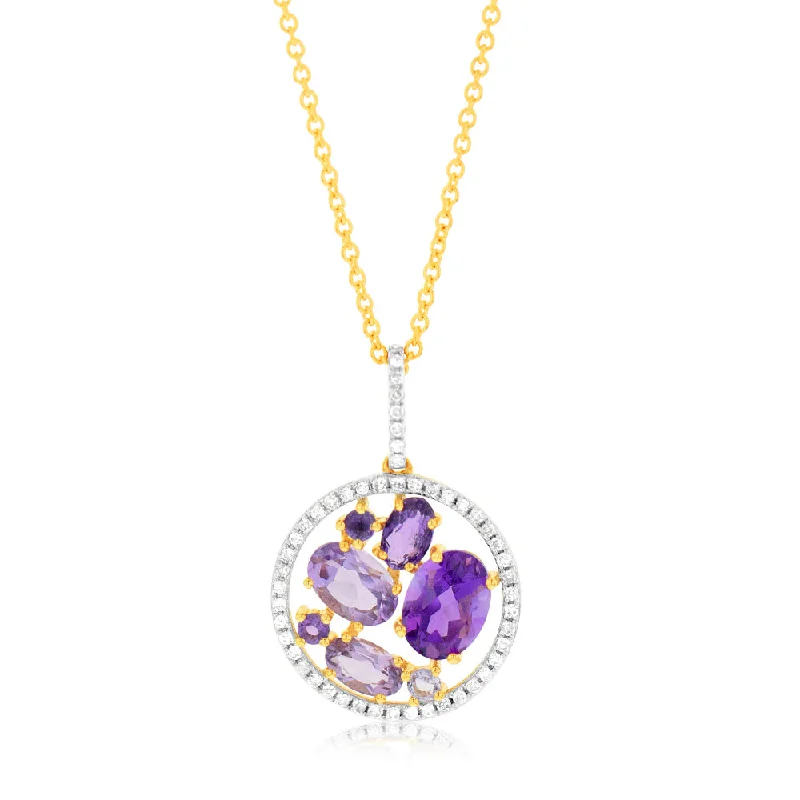 Last Chance To Grab Your Favorite Jewelry At A Discount 9ct Yellow Gold Natural Amethyst Pink Amethyst And Diamond Pendant On Chain