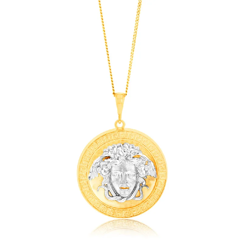 Personalized Jewelry At Special Discount Rates 9ct Yellow & White Gold Medusa Greek Key Round Diamond Cut Pendant