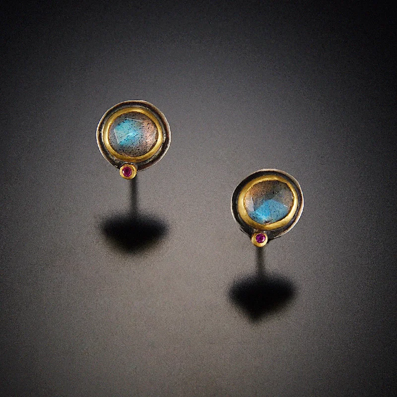 Luxury Jewelry At Unbeatable Discounts Labradorite Stud Earrings with Ruby Dot