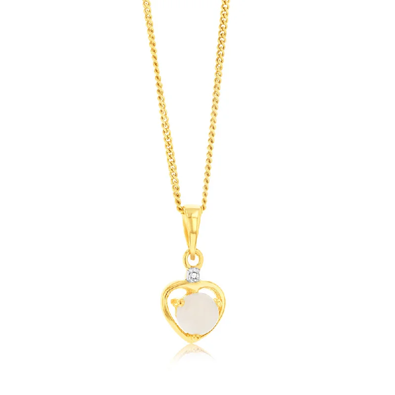 Trendy Minimalist Jewelry For Everyday Wear Natural Round 5mm Opal Heart Shaped Diamond Pendant in 9ct Yellow Gold