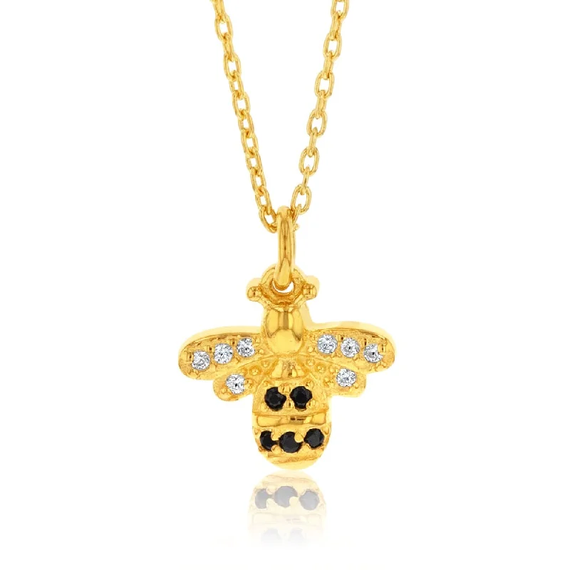 Buy More, Save More On Stunning Jewelry Designs Sterling Silver Gold Plated Honey Bee Black & White Zirconia Pendant With 45cm Chain