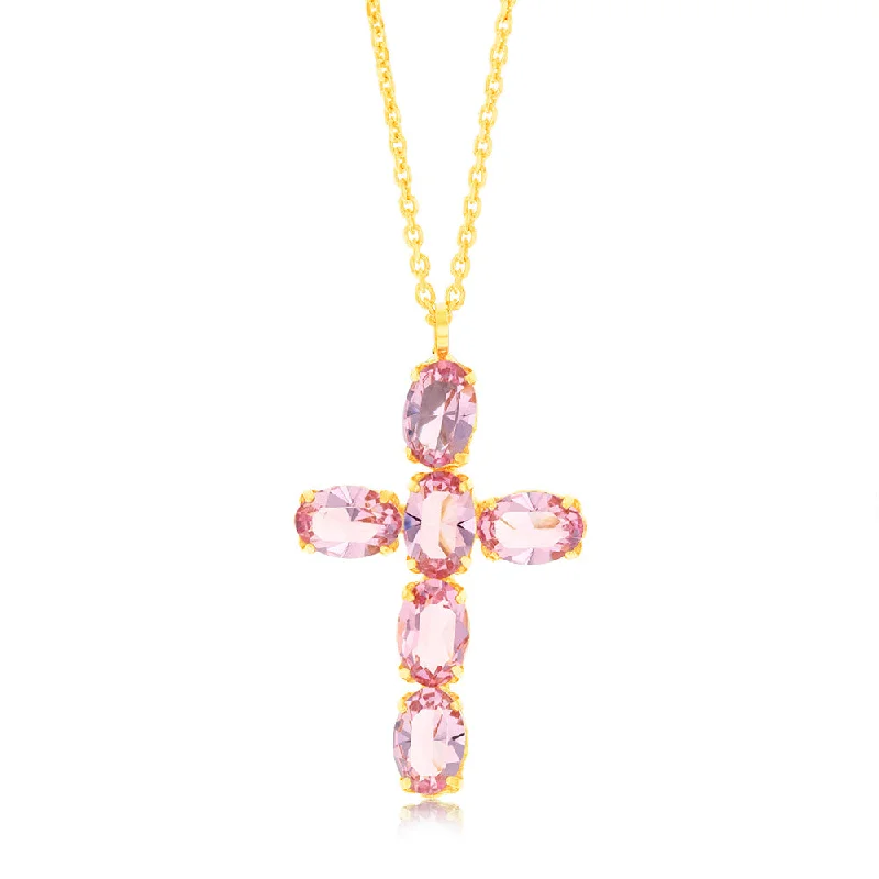 Unmissable Discounts On Timeless Jewelry Pieces Sterling Silver Gold Plated Pink Crystal Fancy Cross Pendant On 42+3cm Chain