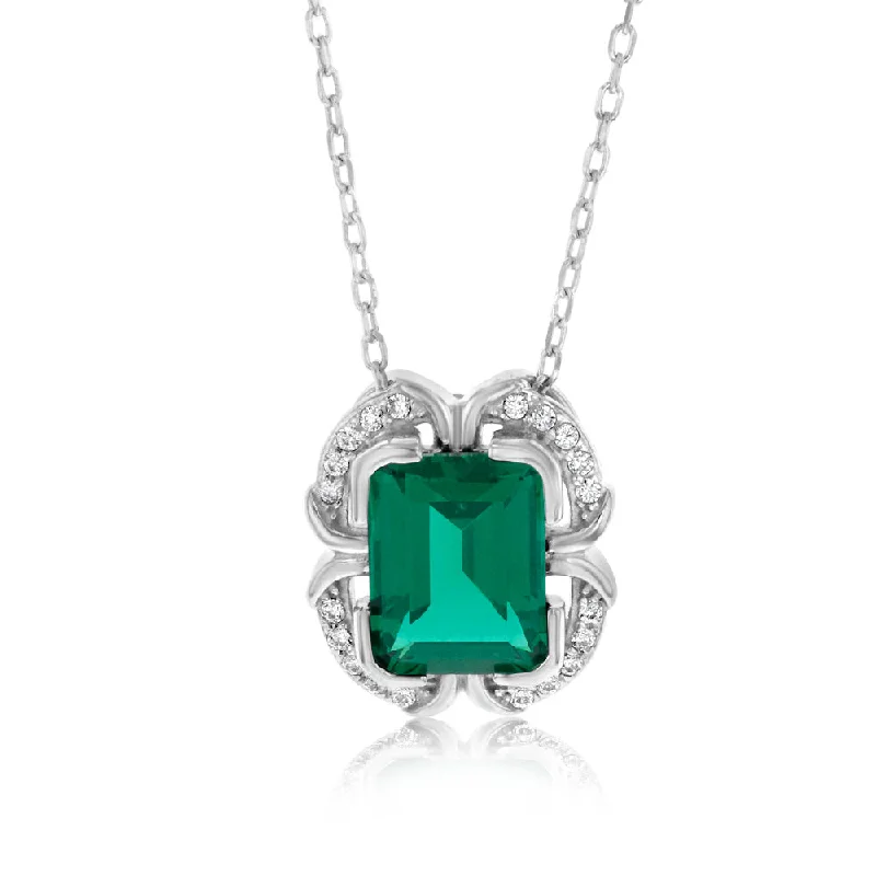 Fashion-Forward Jewelry At Exclusive Discounts Sterling Silver Rhodium Plated Emerald And White CZ Pendant With 45cm Chain