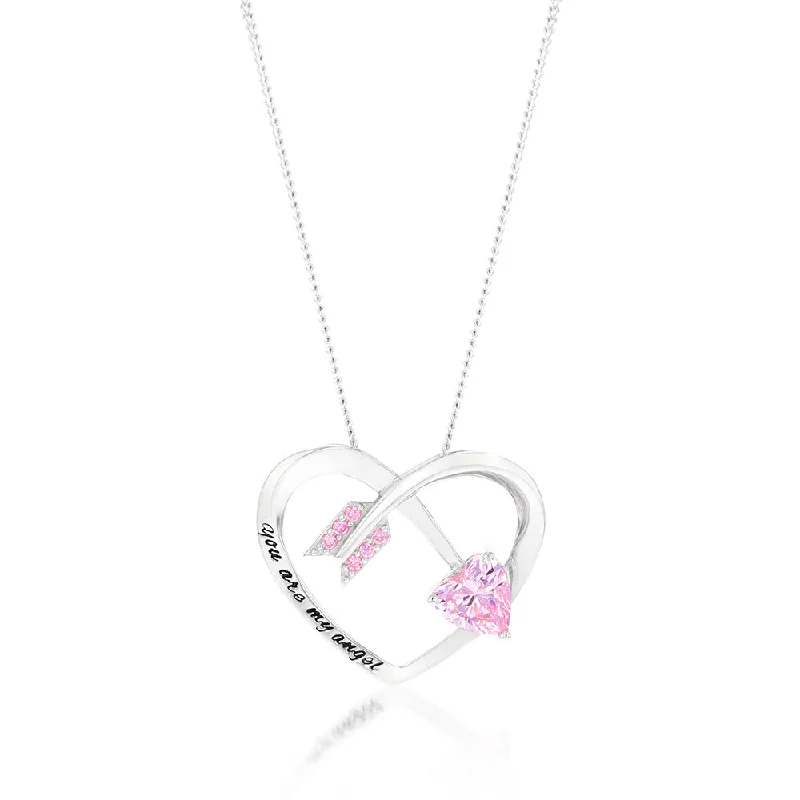 Timeless Jewelry At Special Discount Rates Sterling Silver Rhodium Plated Pink CZ Arrow Heart With Inscription Pendant