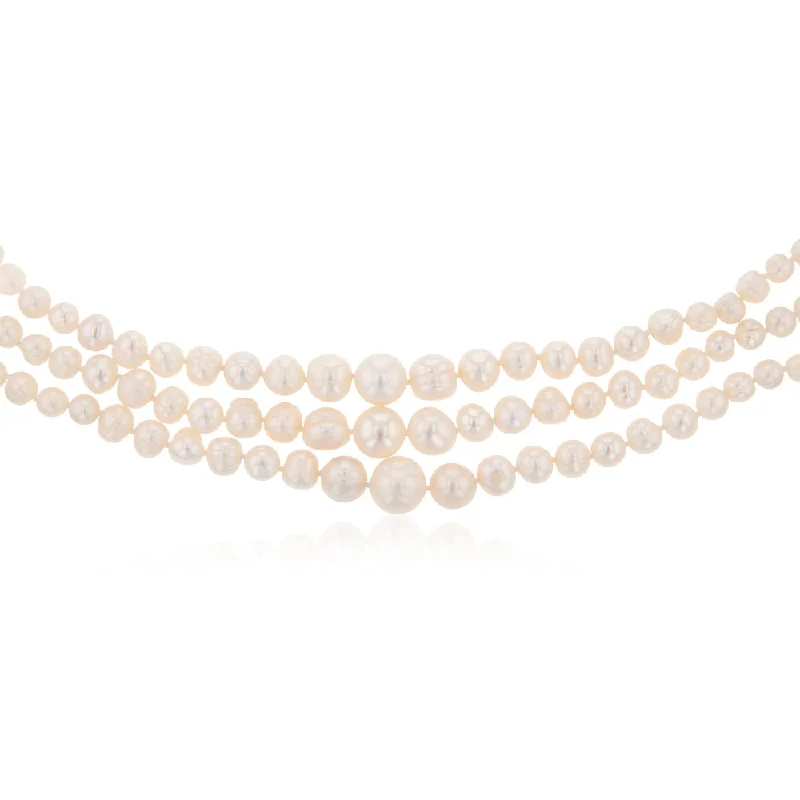 Personalized Engraved Jewelry For Meaningful Gifts Three Layered Graduated Potato Shaped Pearl Necklace 46cm With Silver Clasp