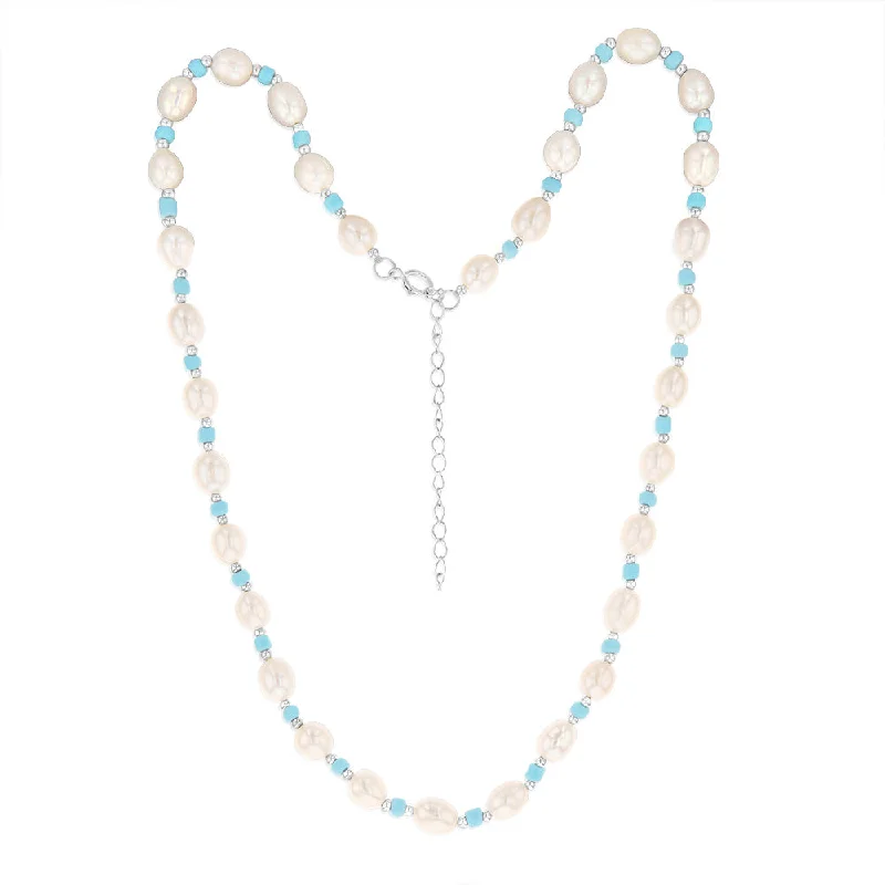 Seasonal Jewelry Clearance – Best Styles At The Lowest Prices White Freshwater Pearl Chain with Blue & Silver Beads in Sterling Silver