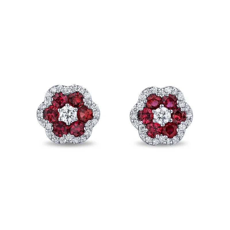 Bremer Jewelry Round Shape Rubies and Diamonds Solitaire/Stud Earrings in 18K White Gold (1.56ctw)