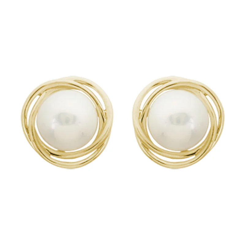 Button Pearl 14K Yellow Gold Knot Stud Earrings