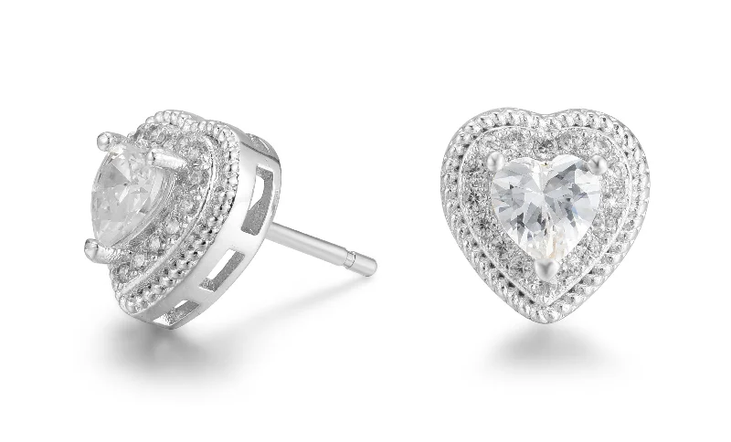 Donna 18k White Gold Plated Silver Heart Stud Earrings with Simulated Diamond Crystals