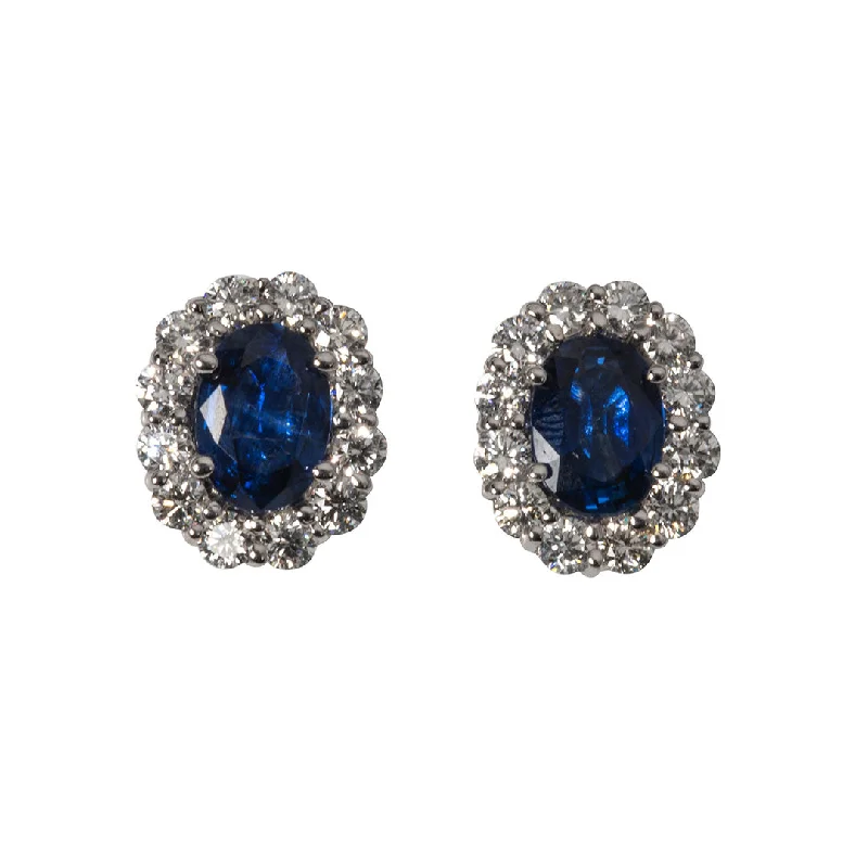 Oval Sapphire & Diamond Halo 18K White Gold Stud Earrings