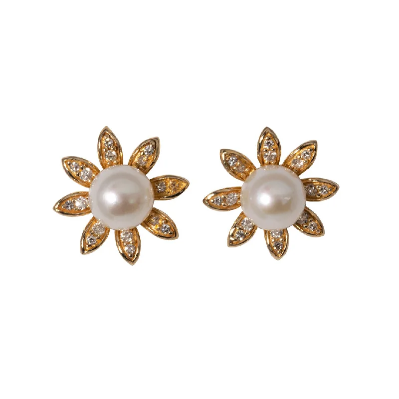 Pearl & Diamond 14K Yellow Gold Flower Stud Earrings