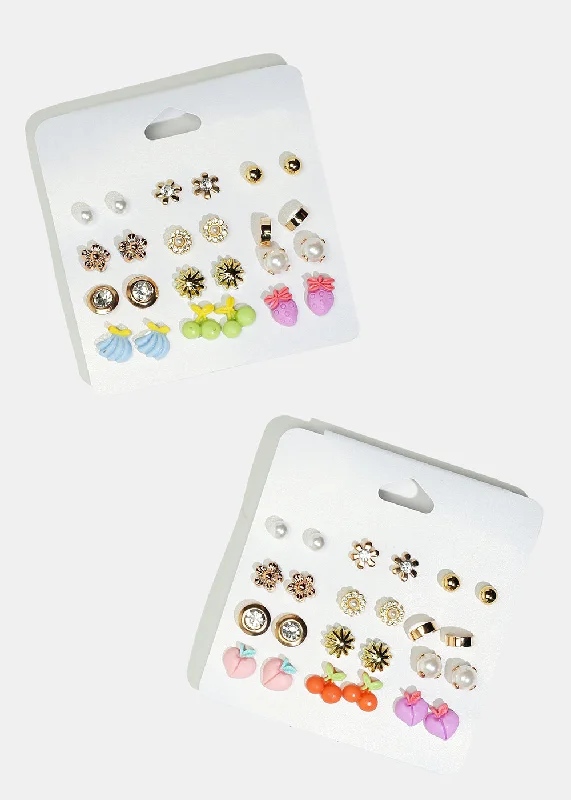 Unmissable Jewelry Clearance – Final Reductions 12-Pair Flower & Fruit Stud Earrings