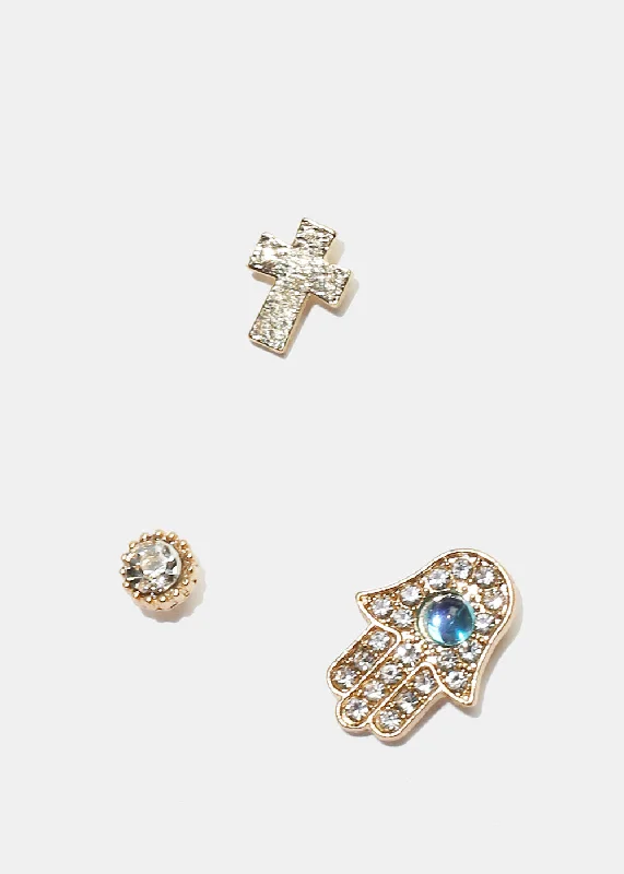 Best Jewelry Sale – Shop Exclusive Designs Now 3-Pair Cross & Hamsa Hand Stud Earrings