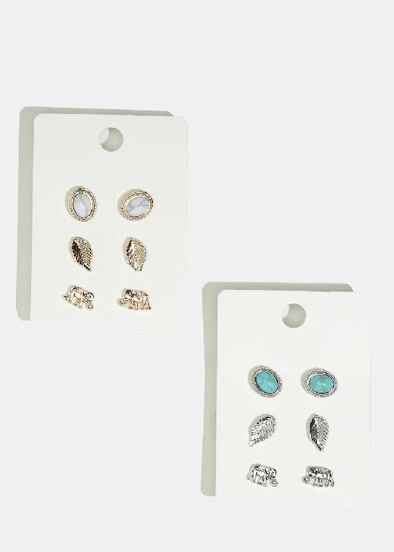 Jewelry Sale – Exclusive Styles At Lower Prices 3-Pair Elephant & Leaf Stud Earrings