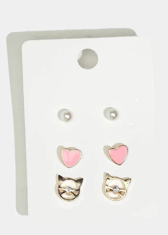 Handcrafted Beauty At Affordable Prices 3-Pair Heart & Cat Stud Earrings