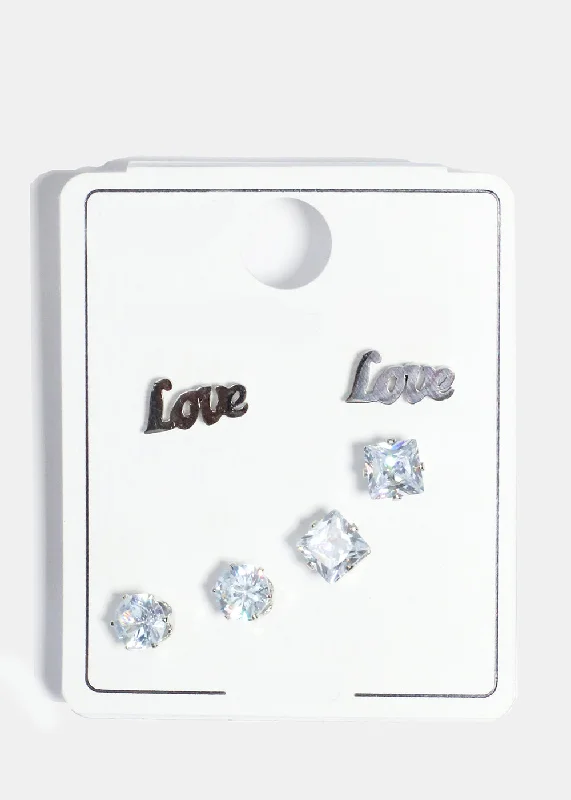 Sparkle More For Less – Jewelry Sale Happening Now 3 Pair "LOVE" & Rhinestone Stud Earrings