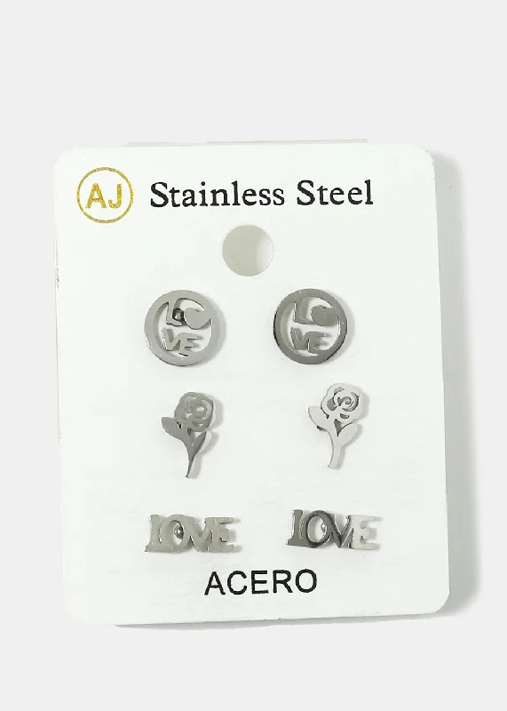 Last Chance To Shop High-End Jewelry At Markdown Prices 3-Pair "LOVE" & Rose Stud Earrings