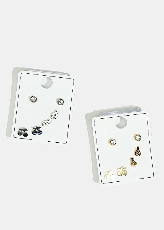 Must-Have Jewelry Pieces At Reduced Prices 3-Pair Rhinestone & Fruit Stud Earrings