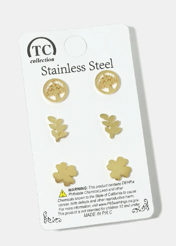Breathtaking Jewelry At Limited-Time Savings 3-Pair Tree in Circle & Leaf Stud Earrings