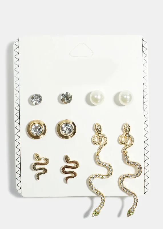 Unmissable Jewelry Sale – Shop Before It's Too Late 6-Pair Rhinestone & Snake Stud Earrings