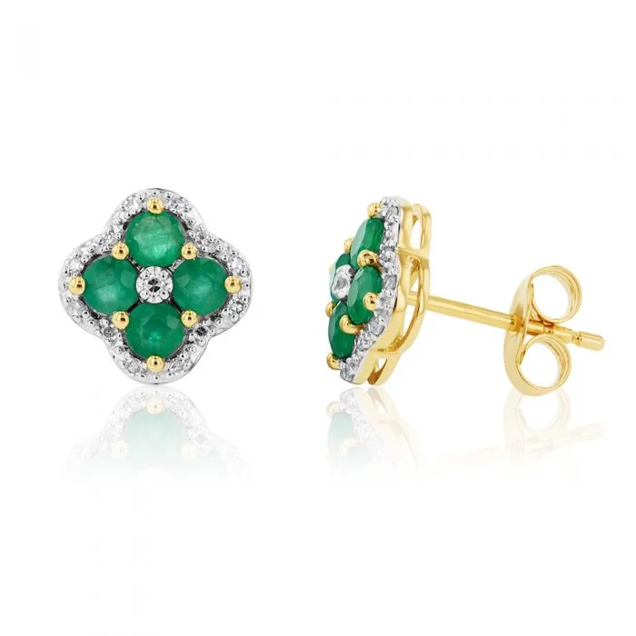 Best Jewelry Deals – Premium Quality At Exclusive Discounts 9ct Natural Emerald and 0.10ct Diamond 4 Leaf Clover Studs
