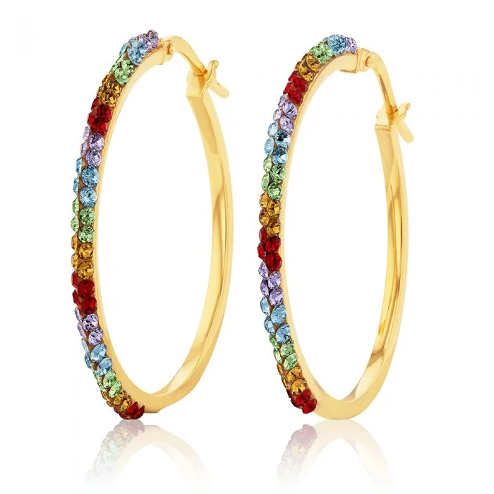 High-End Jewelry, Now More Affordable Than Ever 9ct Silverfilled Yellow Gold Rainbow Multi-Colour Crystals 25mm Hoop Earrings
