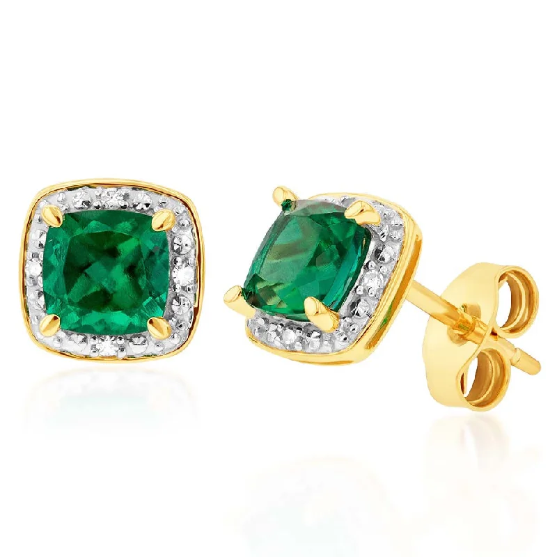 Best Jewelry Sale – Shop Exclusive Designs Now 9ct Yellow Gold 5mm Created Emerald and Diamond Cushion Cut Studs