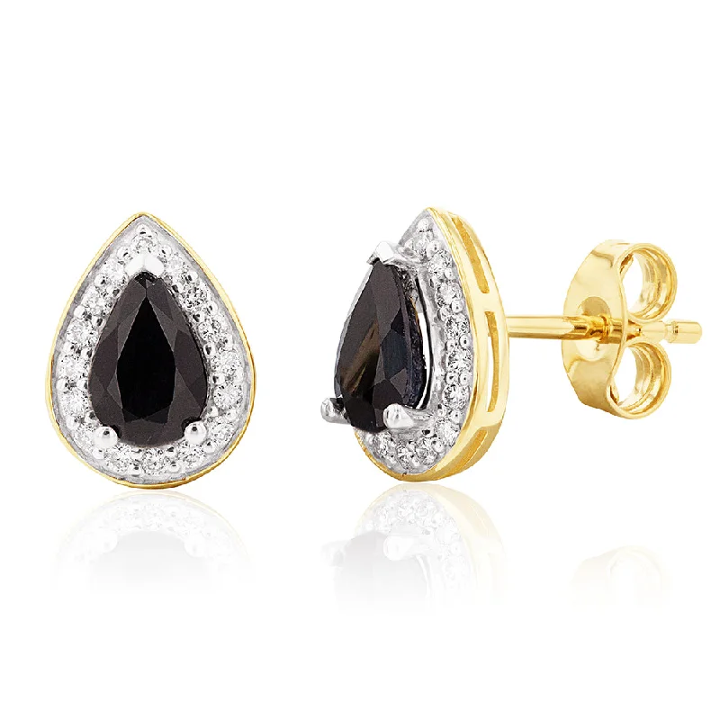 Get The Sparkle You Love At Prices You Adore 9ct Yellow Gold 6x4mm Natural Sapphire and Diamond Pear Halo Studs