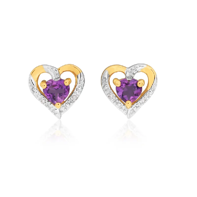 Everyday Jewelry Essentials Now On Sale 9ct Yellow Gold Amethyst & Diamond Heart Studs