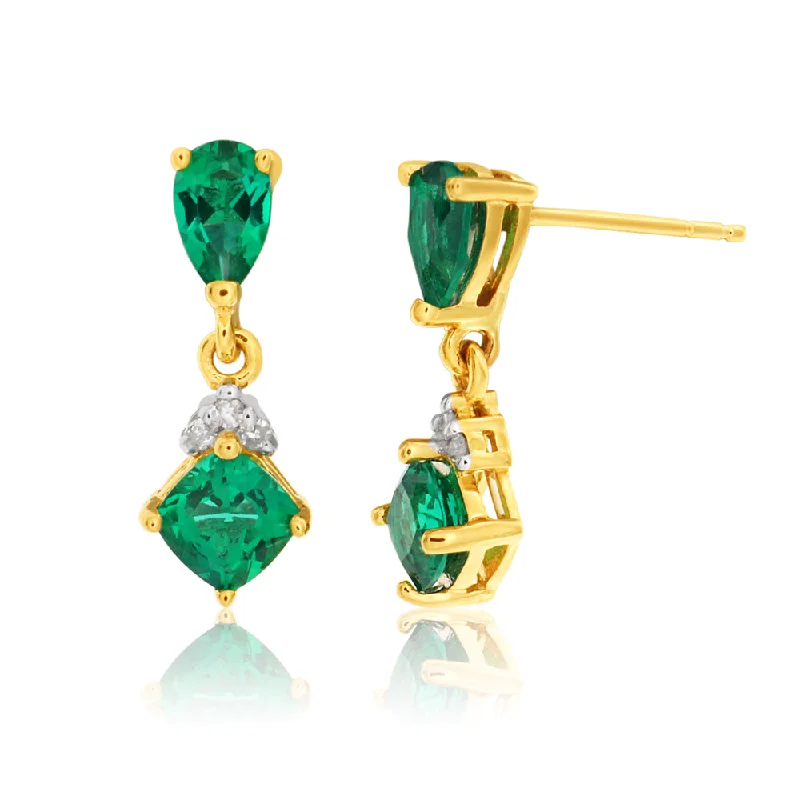 Affordable Luxury Jewelry For Every Occasion 9ct Yellow Gold Created Emerald and Diamond Drop Earrings