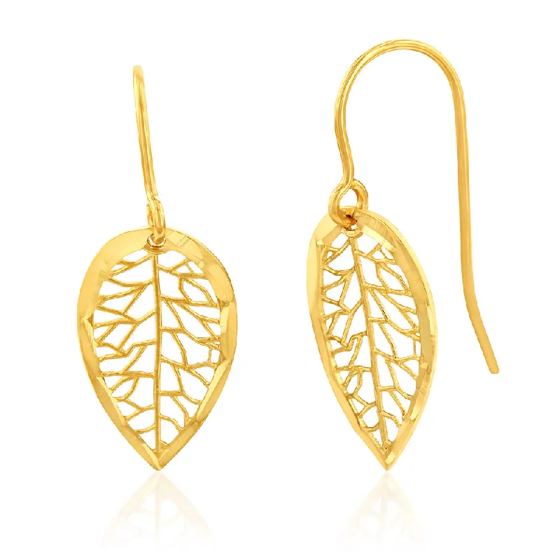 Stunning Jewelry Pieces At The Lowest Prices Ever 9ct Yellow Gold Diamond Cut Leaf Drop Hook Earrings
