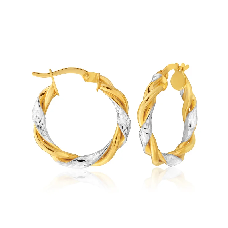 Seasonal Jewelry Deals – Elevate Your Style 9ct Yellow Gold-Filled Twist Two Tone Hoop Earrings with Diamond Cutting Feature