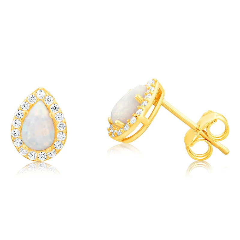 Trending Jewelry Styles Now At Limited-Time Discounts 9ct Yellow Gold Opal And Cubic Zirconia Pear Shaped Stud Earring