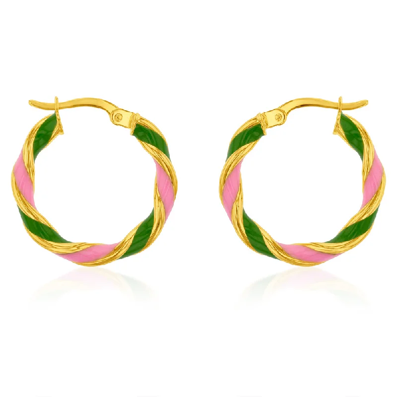 Versatile Layering Jewelry For Effortless Chic 9ct Yellow Gold Silverfilled 15mm Pink And Green Enamel On Twisted Hoop Earrings
