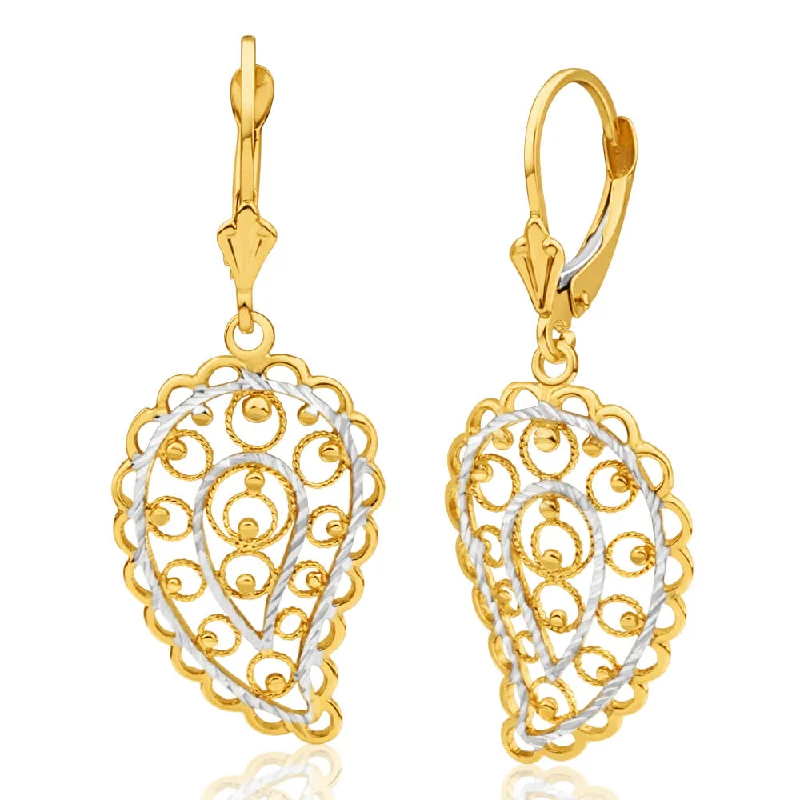 Elegant Jewelry, Exclusive Prices – Shop Now 9ct Yellow Gold & White Gold Drop Earrings Filigree Leaf Design