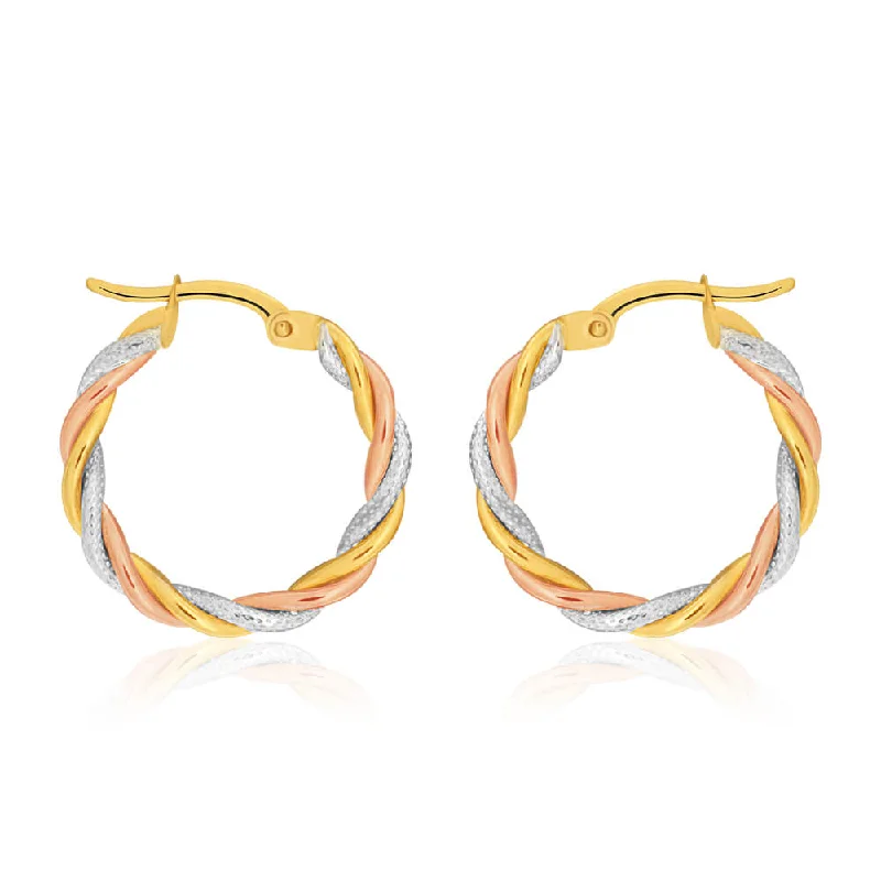 Big Discounts On Elegant Jewelry Collections 9ct Yellow, Rose & White Gold Hoop Earrings 3 tube twist