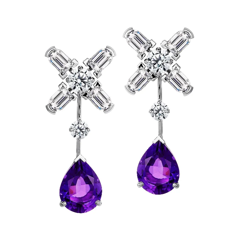 Timeless Beauty, Unbeatable Deals – Jewelry Sale On Arch Florale MM Stud Earrings, 18k White Gold with DAVIDOR Arch Cut Diamonds, Brilliant Diamonds and Amethyst Pear Shaped Drops
