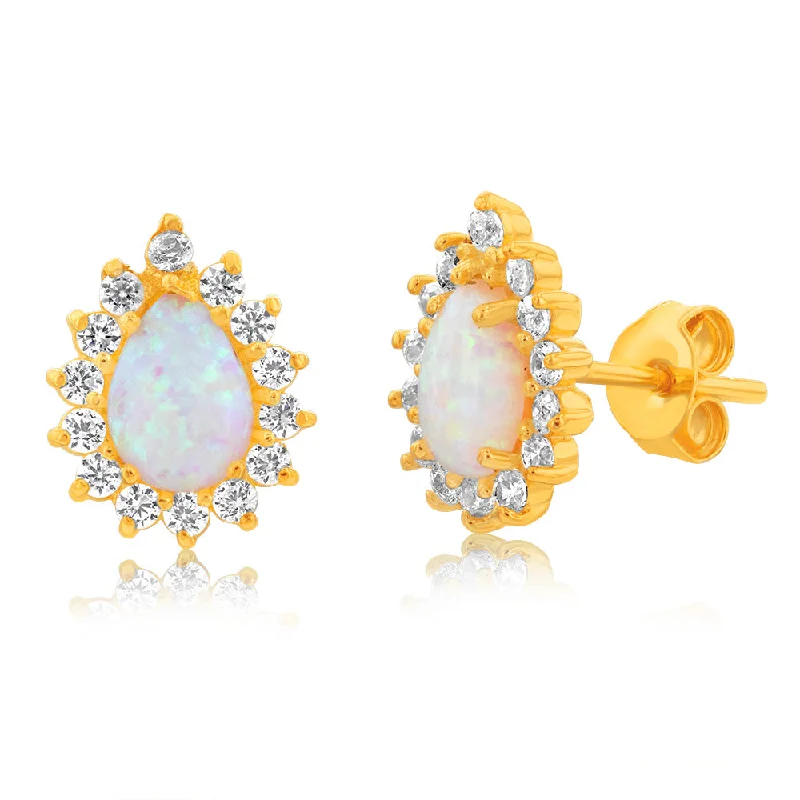 Exclusive Jewelry Sale – Grab Timeless Pieces Now Gold Plated Sterling Silver Pear Created Opal White Cubic Zirconia Studs Earrings