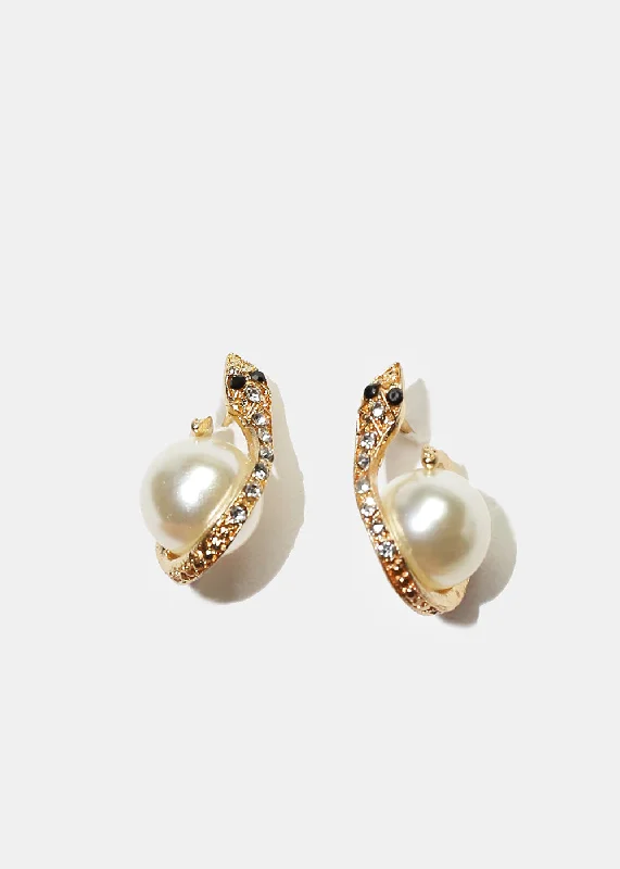 Grab Exquisite Jewelry At The Lowest Prices Sparkly Snake & Pearl Stud Earrings