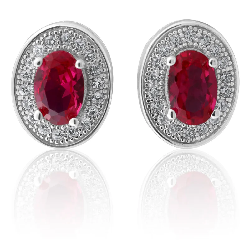 Stunning Jewelry At A Fraction Of The Price Sterling Silver Created Ruby and Zirconia Oval Studs
